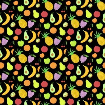 Fruit seamless pattern, vector background with great abundance of bright colo Illustrazione stock