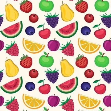 Fruit seamless vector pattern, decorative background of fruits and berries icons Stock Illustration