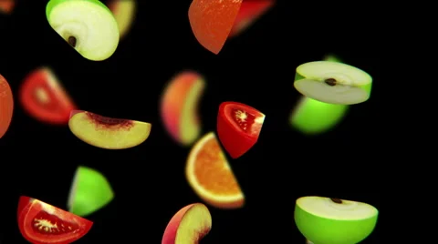 Fruit segments falling on black background, seamless loop, CG Stock Footage 65028485