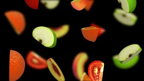 Fruit segments falling on black background, 3d illustration Stock Illustration