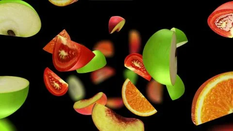 Fruit segments falling on black background, 3d illustration Stock Illustration