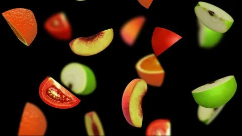 Fruit segments falling on black background, 3d illustration Stock Illustration