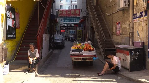 Fruit Sellers, traders In Old Town Street market in Shanxi, China Stock Footage 115940762