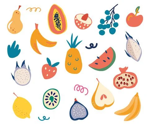 Fruit Set. Bananas, apples, pears, oranges, lemons, strawberries, papaya and  Stock Illustration