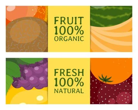 Fruit set of banners for fresh product or fruit farm market. Organic and natural Stock Illustration