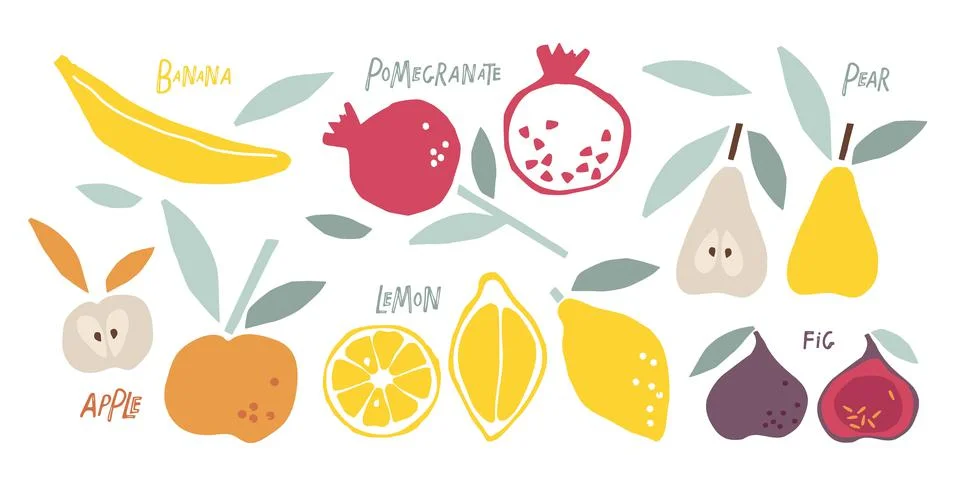 Fruit set. Childish scissors cutting collage effect. Colored hand drawn sketch Stock Illustration