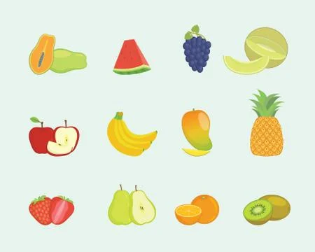 Fruit set collection with various shape and various colors with modern flat s Stock Illustration