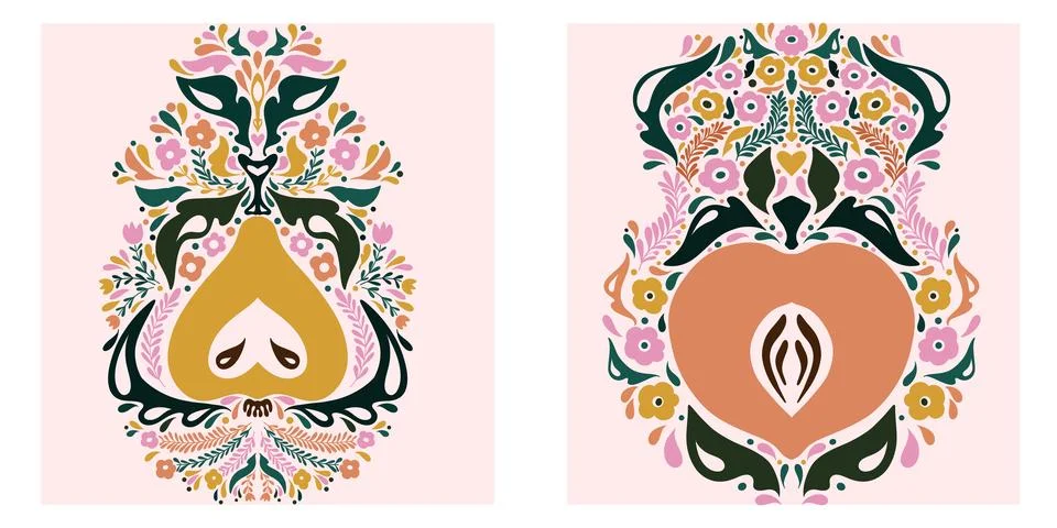 Fruit set. Folk-style pattern, symmetrical, detailed, vector element. Rustic, Stock Illustration