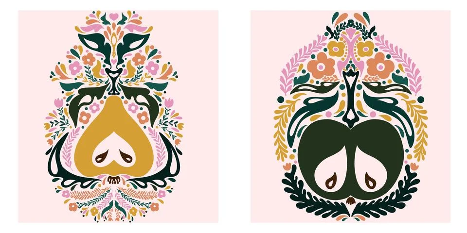 Fruit set. Folk-style pattern, symmetrical, detailed, vector element. Rustic, Stock Illustration