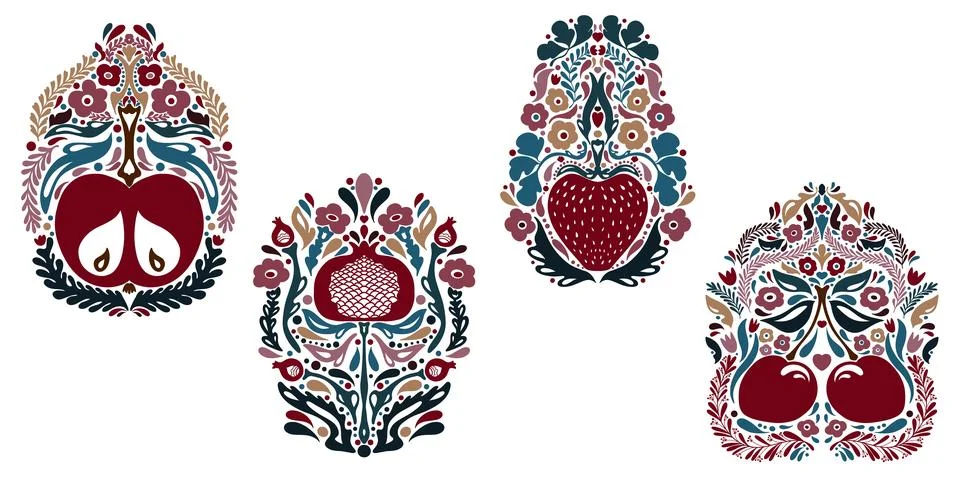 Fruit set. Folk-style pattern, symmetrical, detailed, vector element. Rustic, イラスト素材