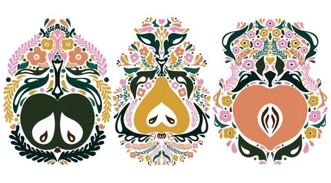 Fruit set. Folk-style pattern, symmetrical, detailed, vector element. Rustic, イラスト素材