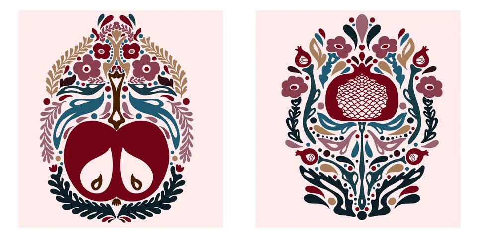 Fruit set. Folk-style pattern, symmetrical, detailed, vector element. Rustic, Stock Illustration