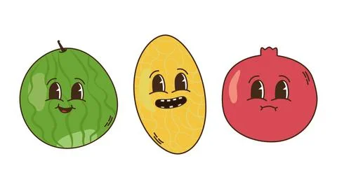 Fruit set groovy style Stock Illustration