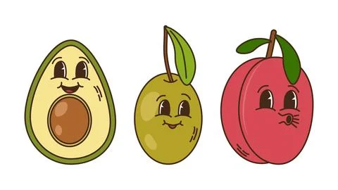 Fruit set groovy style Stock Illustration