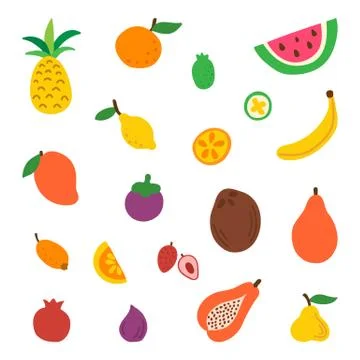 Fruit set isolated on white background. Doodle natural tropical fruits. Hand  Stock Illustration