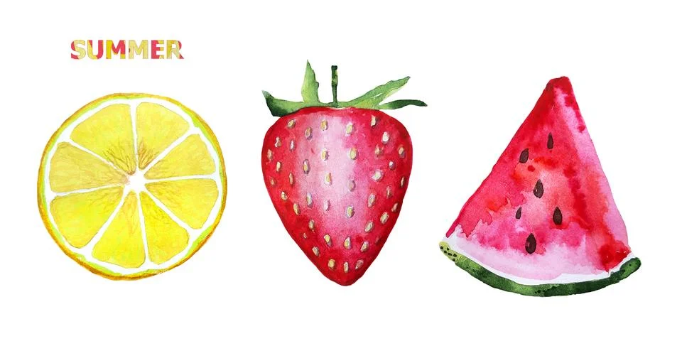 Fruit set. Set of red watermelon slice, lemon slice, strawberry. Fresh Summer Stock Illustration