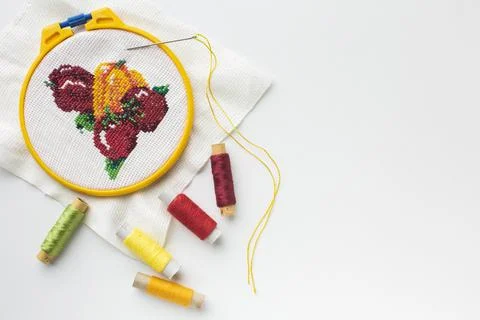 Fruit sewed design with sewing threads and copy space Stock Photos