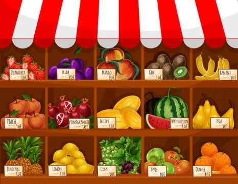 Fruit shop vector showcase stand with fruits Stock-Illustration