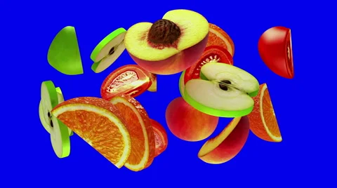 Fruit slices rotate on blue screen, bullet time, seamless loop, CG 스톡 동영상 65001046