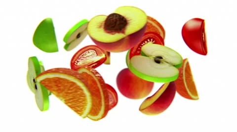 Fruit slices rotate on white background, bullet time, seamless loop, CG Stock Footage 65002577