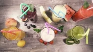 Fruit Smoothies On The Table Near The Fruit Top View Stock Footage