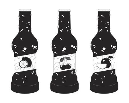 Fruit soda bottles in bubbles 2D black filled line objects set Stock Illustration