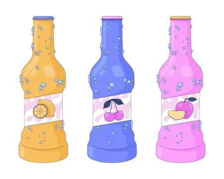 Fruit soda bottles covered in bubbles 2D cartoon objects set Stock Illustration