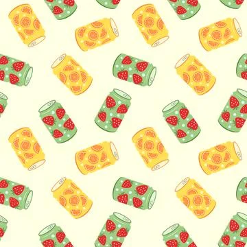Fruit soda cans vector seamless pattern illustration. Green and yellow alum.. Stockillustratie