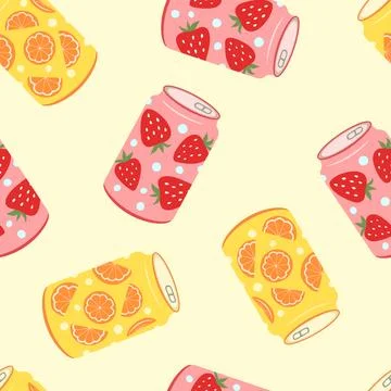 Fruit soda cans vector seamless pattern illustration. Pink and yellow alumi.. Stockillustratie