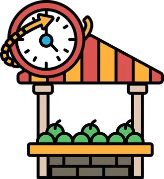 A fruit stand with a clock on it Stock Illustration