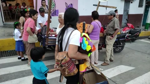 Fruit stand wit freh fruits at a festival in San Ramon, Peru 動画素材 283600600