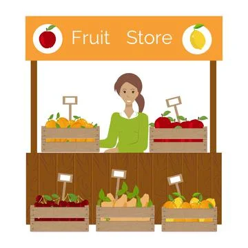 Fruit store stand front, wooden box with fruits and price tag. Young woman sells Stock Illustration