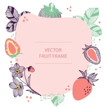 Fruit strawberry text frame hand drawn flat template. Vector design with Stock Illustration
