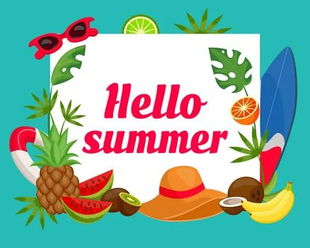 Fruit summer background. Hello time, fun food banner, happy travel and outdoo Stock Illustration