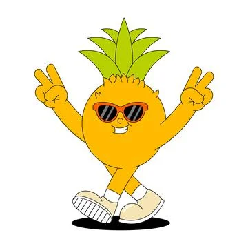 Fruit summer character Pineapple. Retro groovy patch. Trendy sticker with funky Stock Illustration