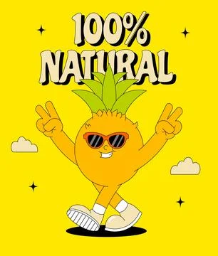 Fruit summer character Pineapple. Retro groovy poster. Trendy funky comic mascot Stock Illustration