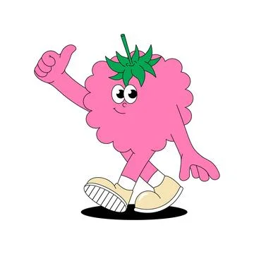 Fruit summer character Raspberry. Retro groovy patch. Trendy sticker with funky Stock Illustration