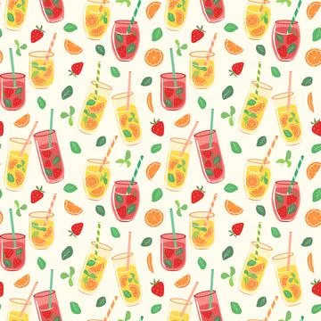 Fruit summer drinks vector seamless pattern. Glasses of berry and citrus juice Stock Illustration