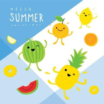 Fruit Summer, Pineapple, Watermelon, Lemon, Orange, Cartoon Vector Stock Illustration