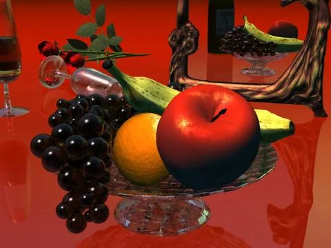 Fruit in surroundings of objects on a red background Stock Illustration