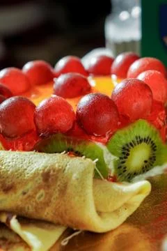 Fruit tart with pancakes Stock Photos