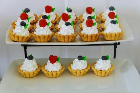 Fruit tarts mini dessert on two tiered stand. Stock Photos