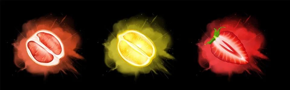 Fruit taste explosion effect on black background Stock Illustration