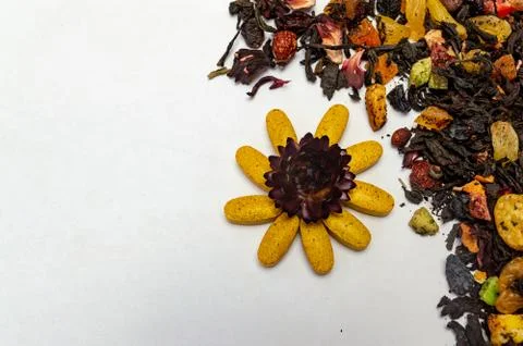Fruit tea, flower tablet on a white background copy space Stock Photos
