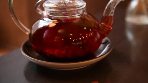 Fruit tea pot and strawberry tartlet Stock Footage 247272866