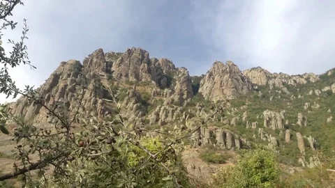 Fruit Tree And Mountains – Crimea , Alushta , Valley Of Ghosts Stock Footage 83281624