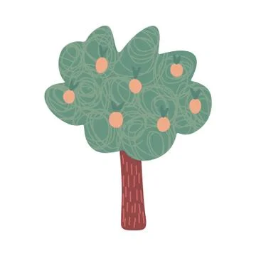Fruit tree in doodle style isolated on white background. Stock Illustration
