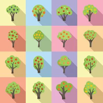 Fruit tree icons set flat vector. Apple garden Stock Illustration