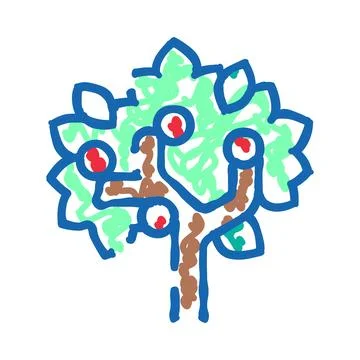 Fruit tree with leaves and red fruits doodle drawing Stock Illustration