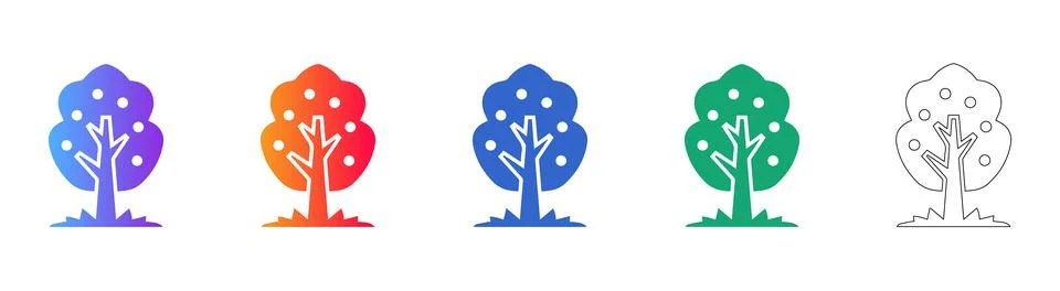 Fruit Tree Orchard Icons Set in Vibrant Colors Stock Illustration